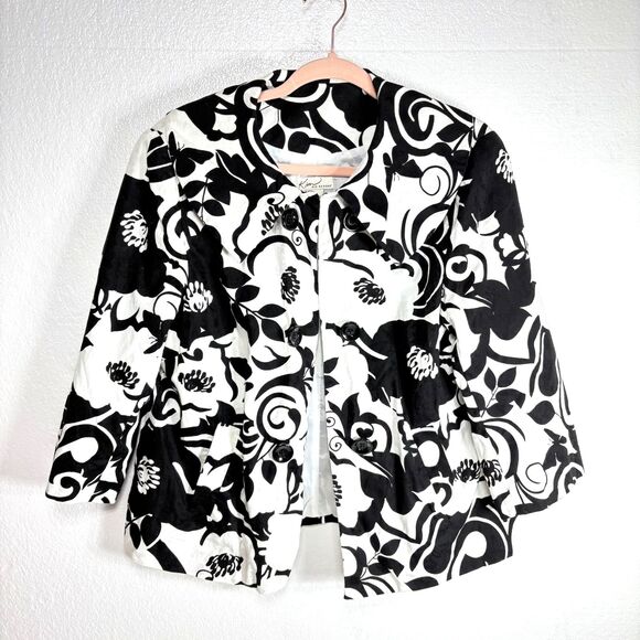 Kim Rogers Blazer Coat Black White Floral Womens Size 12 - Picture 1 of 10